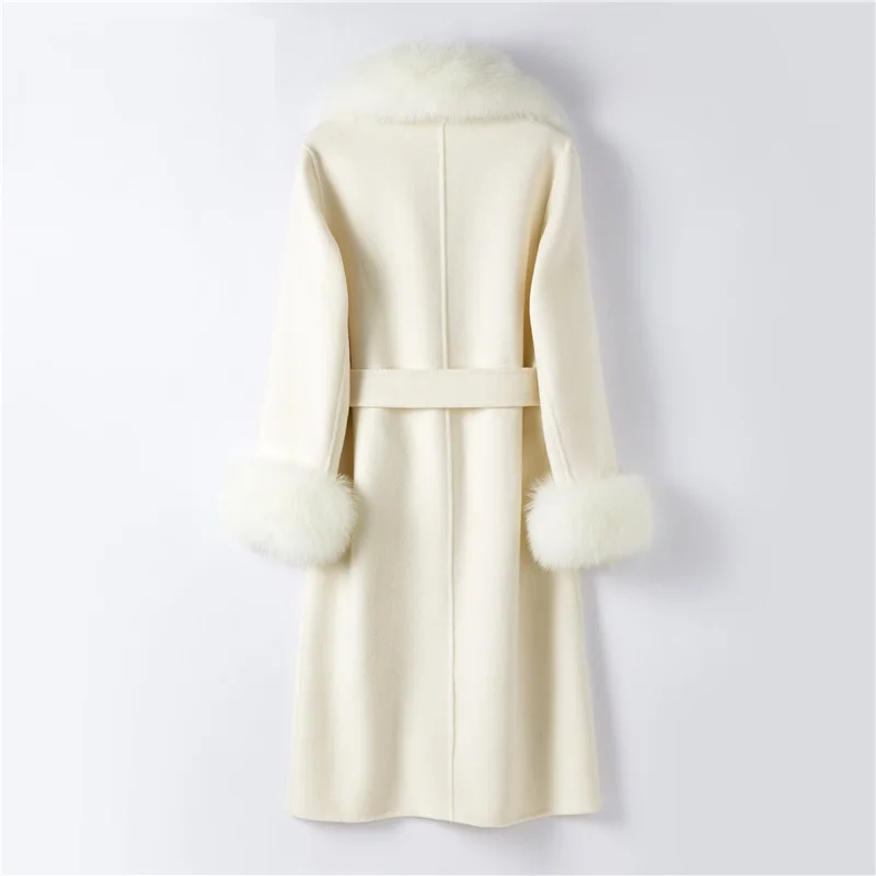 Luxury Real Fur Long Coat Women Winter Natural Fox Fur Collar Jacket Cashmere Wool Blends Warmth Outerwear Ladies Streetwear