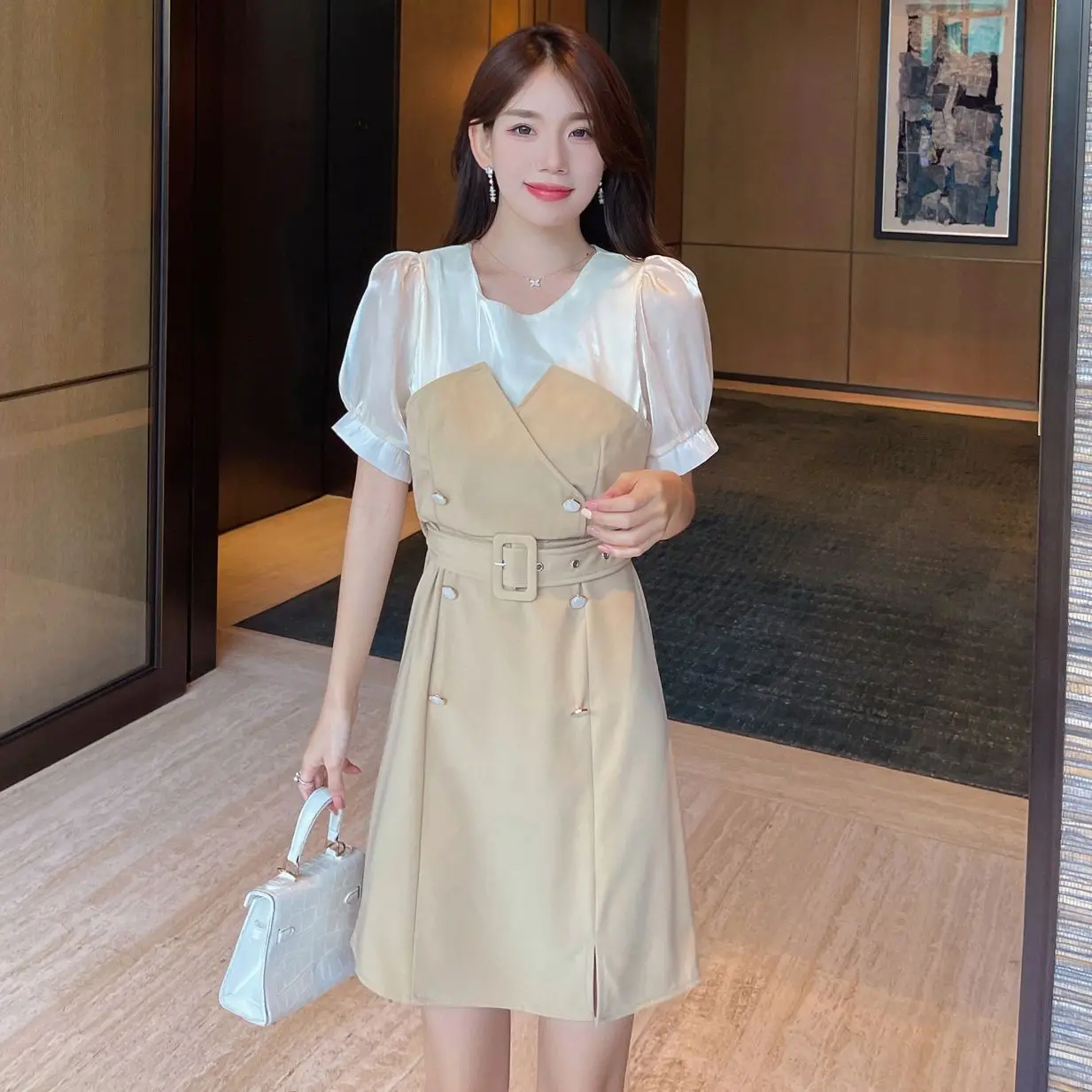 

Women's Summer Dress 2022 Vintage Patchwork Short Sleeve Puff Sleeve Panelled High Waist Black Long Dresses Dropshipping