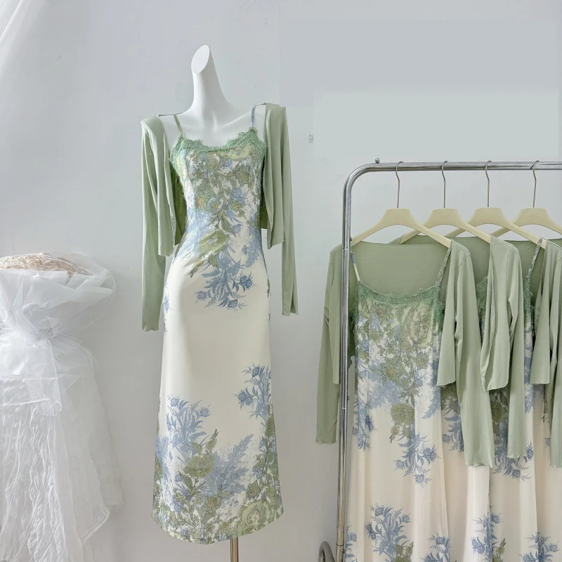 Жаккардовые комплекты в китайском ретро-стиле зеленое тонкое платье с