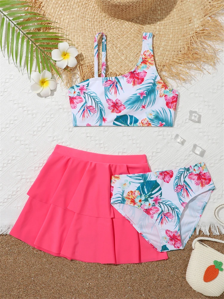 

Купальник бикини для девочек, новинка 2023, комплект бикини на бретельках с оборками и высокой талией, детский купальник из 3 предметов, детская пляжная одежда, купальный костюм