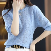 four seasons moze 2022 summer new cashmere sweater ladies round neck hollow half sleeve 100 pure wool knit fashion casual top
