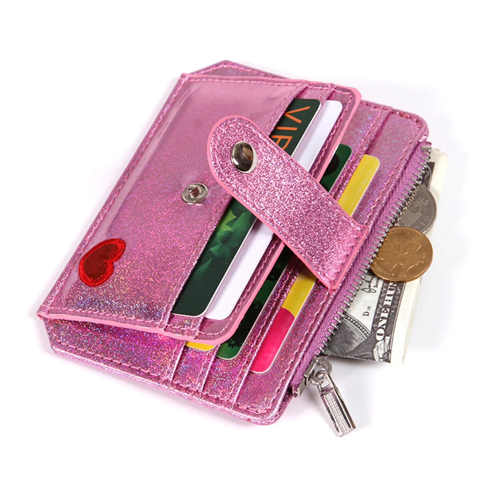 

Wallet For Women Small Pu Leather Cards Holder With Heart Decoration Student Bus Id Card Girl's Case Passport Cover Leather Bags