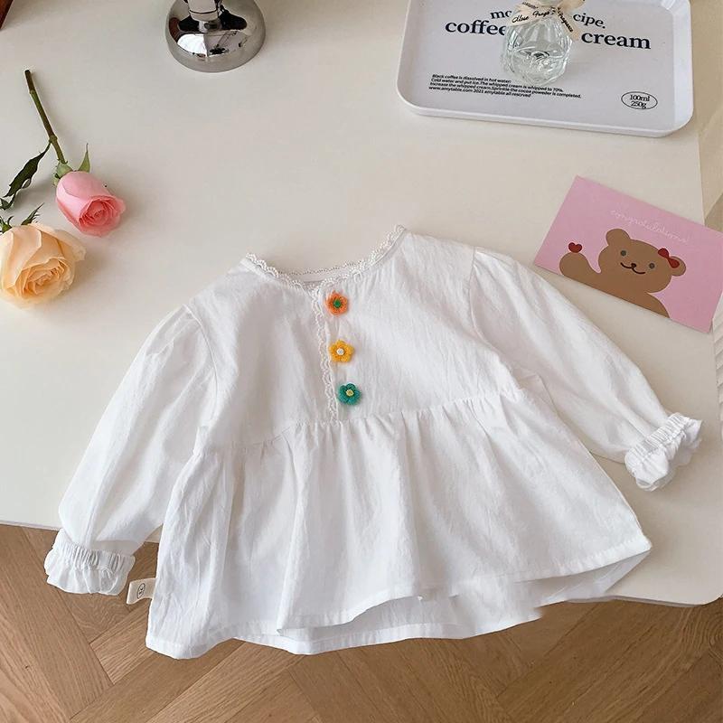 

Fashion Baby Girls White Shirt Korean Style Round Neck Long Sleeve Simple Chlidren Spring Autumn Tops Casual Kids Clothes