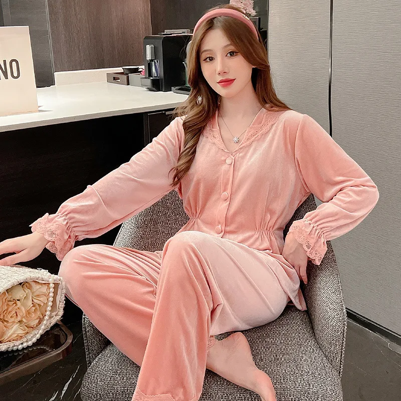 

Women's Pajamas Set Solid Warm Golden Velvet Women Sleepwear Suit Sleep&Lounge Long Sleeve Cardigan Sexy Home Clothes