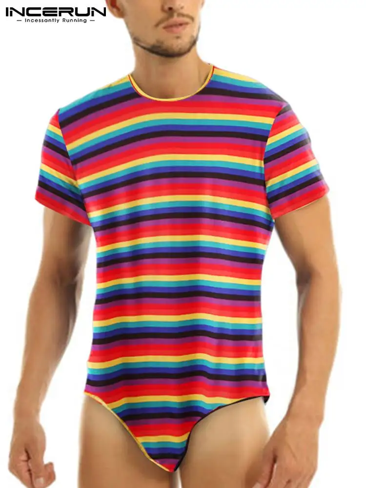 

Short Jumpsuits For Men Summer Wear Short Sleeve Rompers O-neck Striped Body Fit Jumpsuits