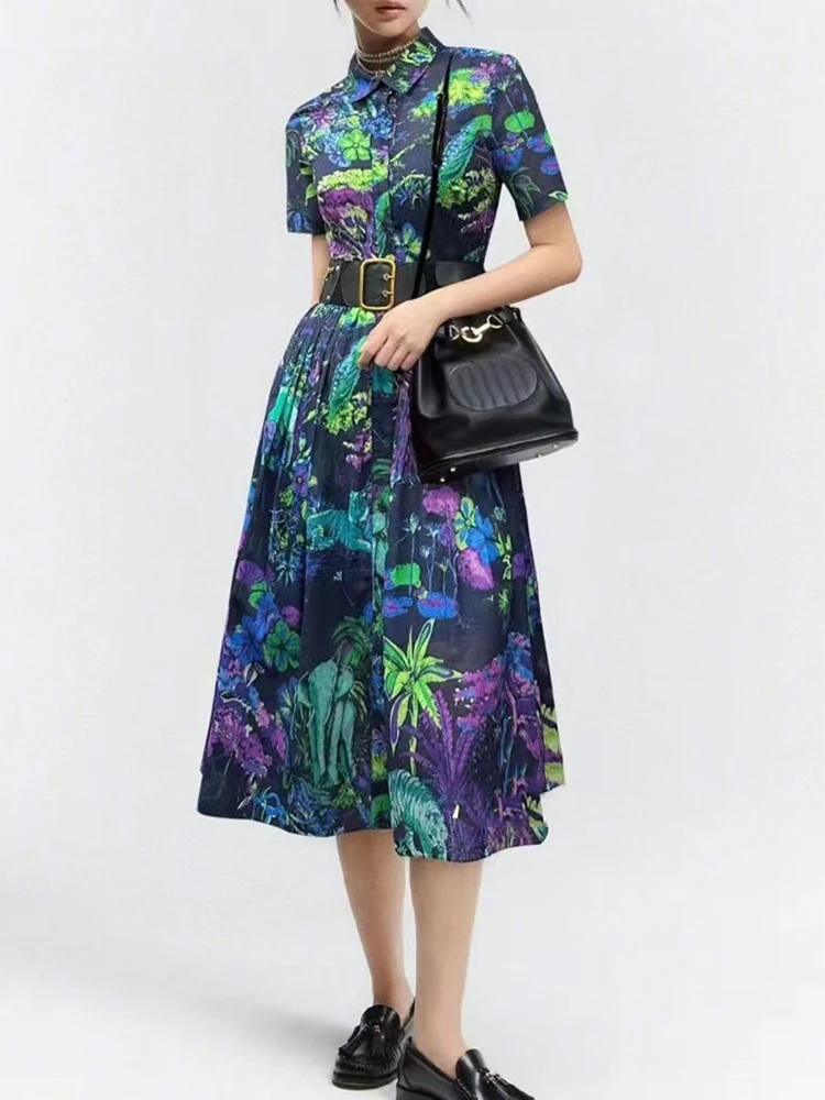 

Vintage jungle animal print lapel cotton hemp tie high-waisted dress women's new fashion luxury loose big swing pompadour skirt