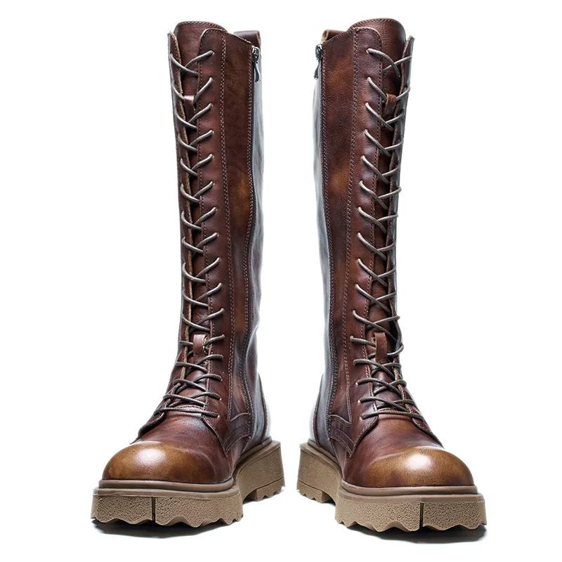 

Men's Top Layer Cowhide Leather British Style Retro Knight Mid-calf Long Boots Young Modern Man Fashion Winter Cool Shoes