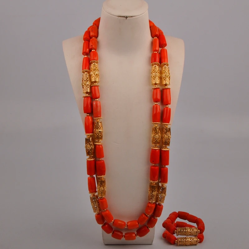 

2 ряда 40 дюймов длинное Африканское коралловое ожерелье свадебный комплект ювелирных изделий для мужчин нигерийский Свадебный набор украшений жениха 23-527CG