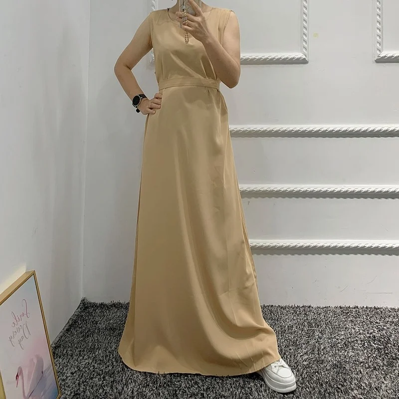 

Muslim Inner Vest Long Dress for Kimono Abaya Solid O Neck Sleeveless Casual Maxi Dresses Inside Wear Clothes for Muslim Women