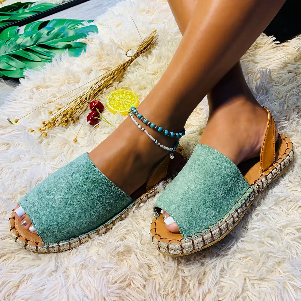 

2022 Summer Comfort Shoes for Women Luxury Sandals Round Toe Suit Female Beige Large Size Fashion Velvet New Handmade Flat Black
