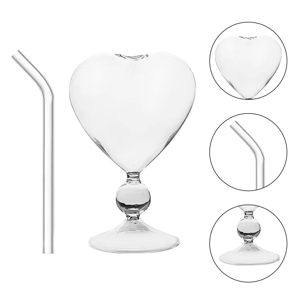 

1 Set of Glass Cup and Straw Cocktail Drink Cup for Bar Lovely Heart Shaped Cup