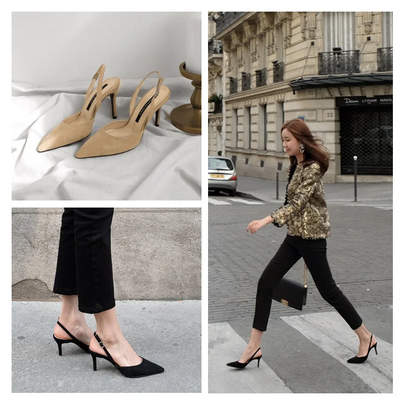 

summer new 2021 style sandals female Baotou stiletto pointed suede fashion Korean women's shoes high heels woman shoes