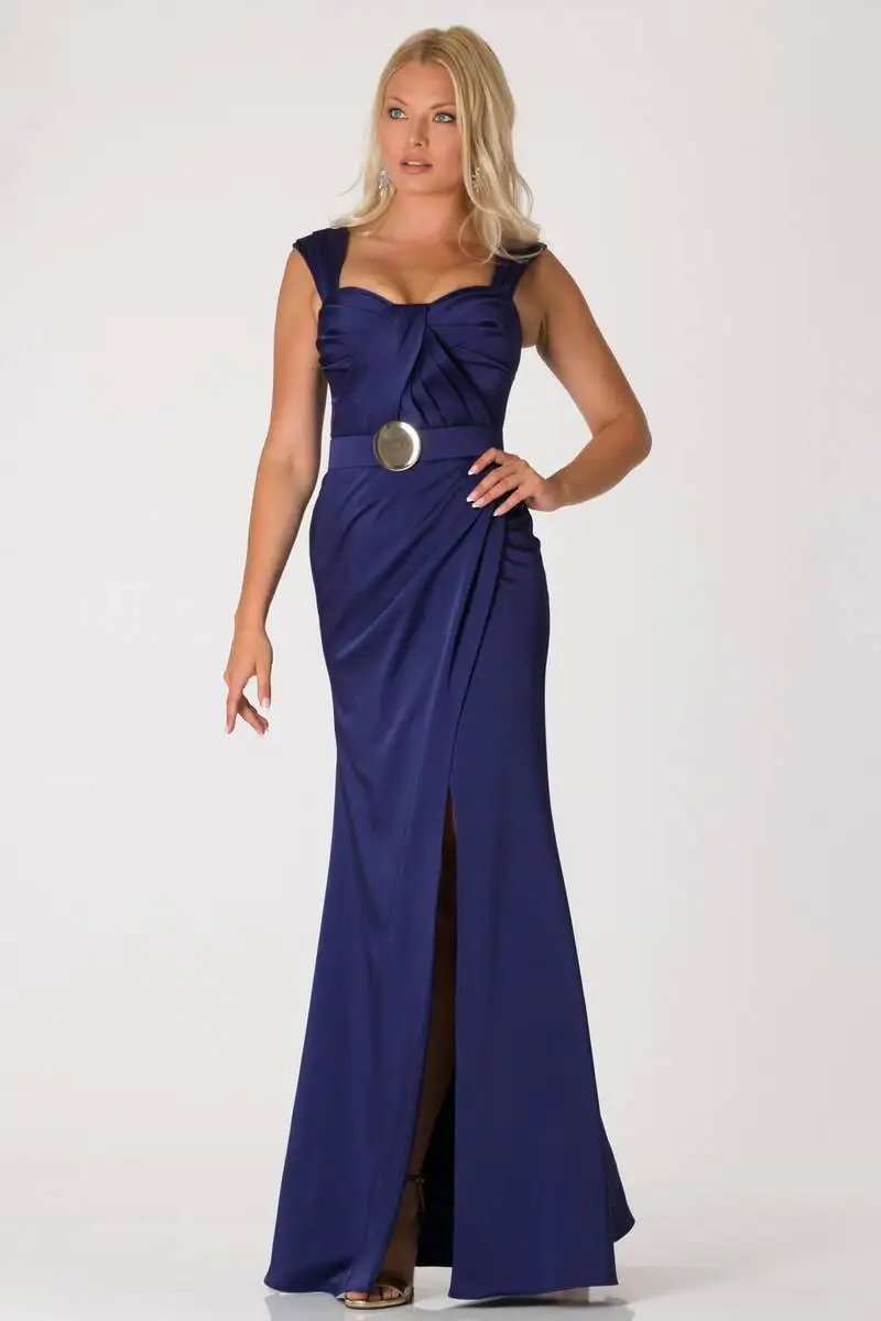 

Kemerli Wraped Satin Evening Dresses Navy Blue