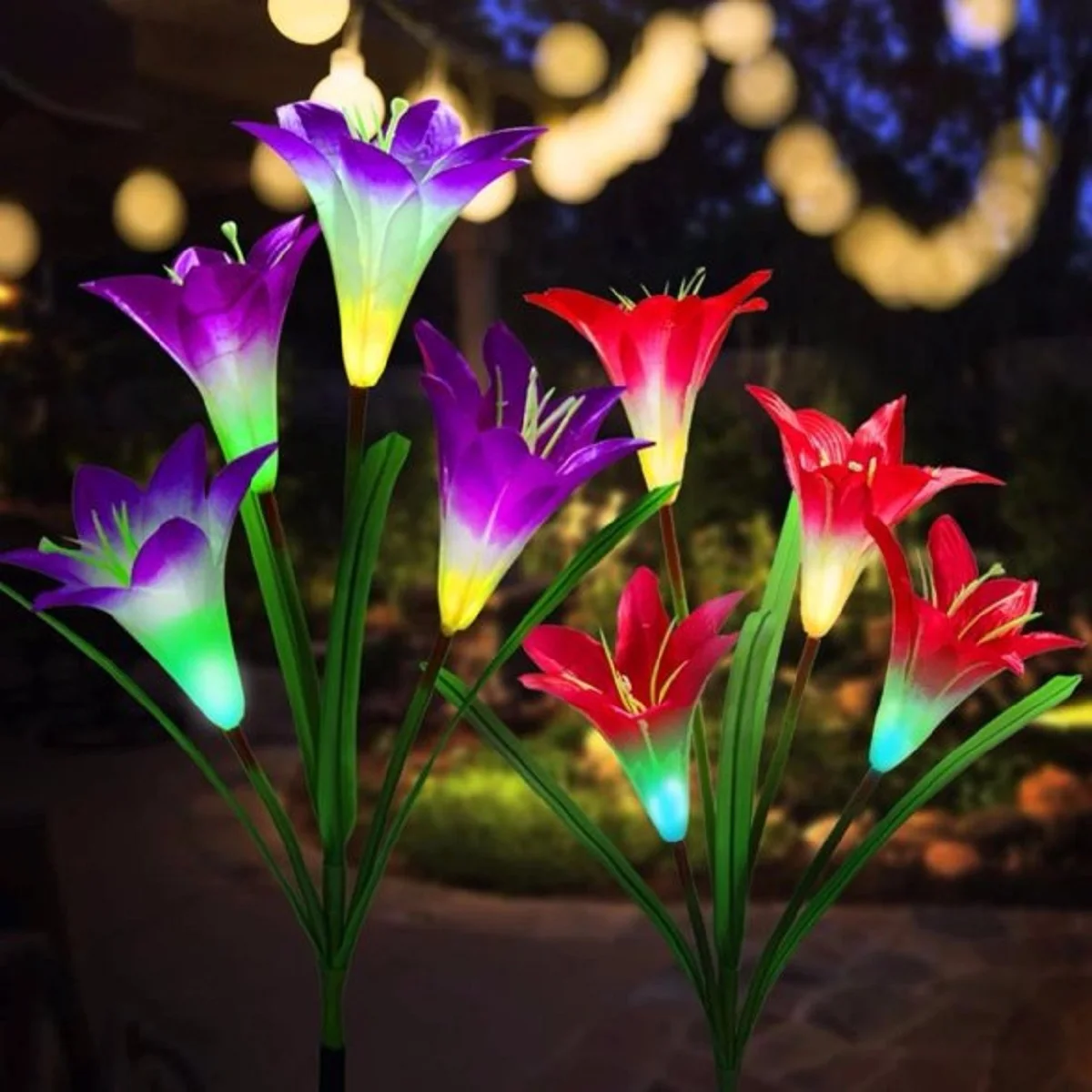 

2PCS Simulation Lily LED Solar Lamps 7 Color Changing 4 Head LED Flower Solar Light Waterproof Garden Yard Lawn Home Decoration