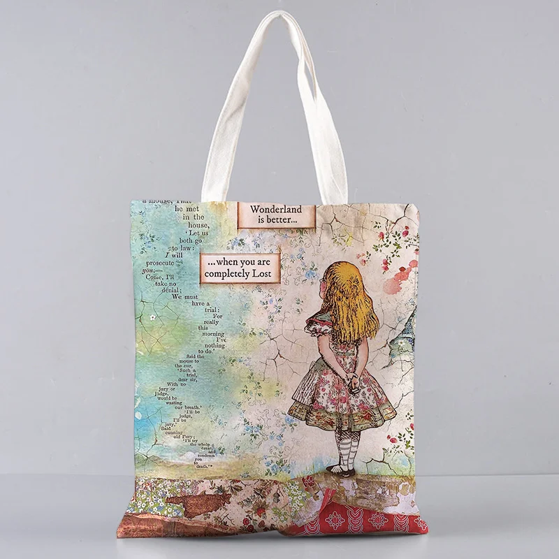 

Women Alice Wonderland Printed Kawaii Bag Harajuku Shopping Canvas Shopper Bag Girl Handbag Tote Shoulder Lady Bag Eco Bag