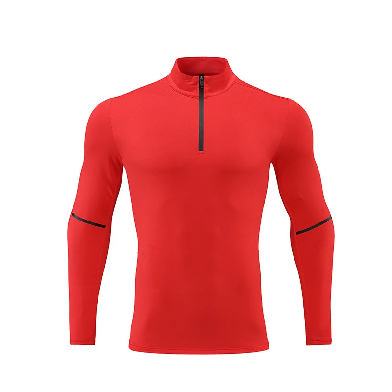 Men's Running Sports Long Sleeve Tops Quick Dry Zipper Stand Collar Outdoor Fitness Skinny Sweatshirts Gym Training Clothing Red