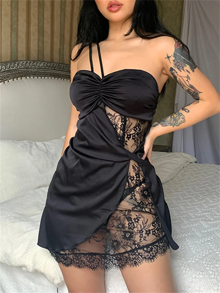 

hirigin Y2K Sexy Black Lace Mini Dress Vintage See Through Ruched Bandage Backless Short Mini Dress Party Night Clubwear 2022