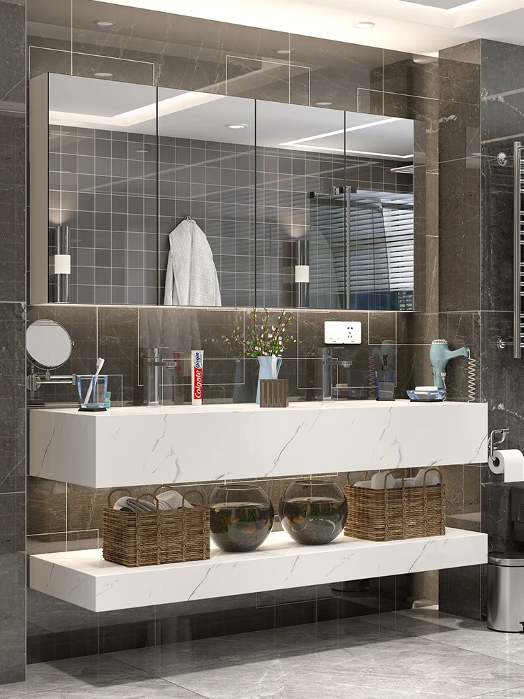 

Nordic intelligent washing and hand washing marble basin double-layer bathroom cabinet customization
