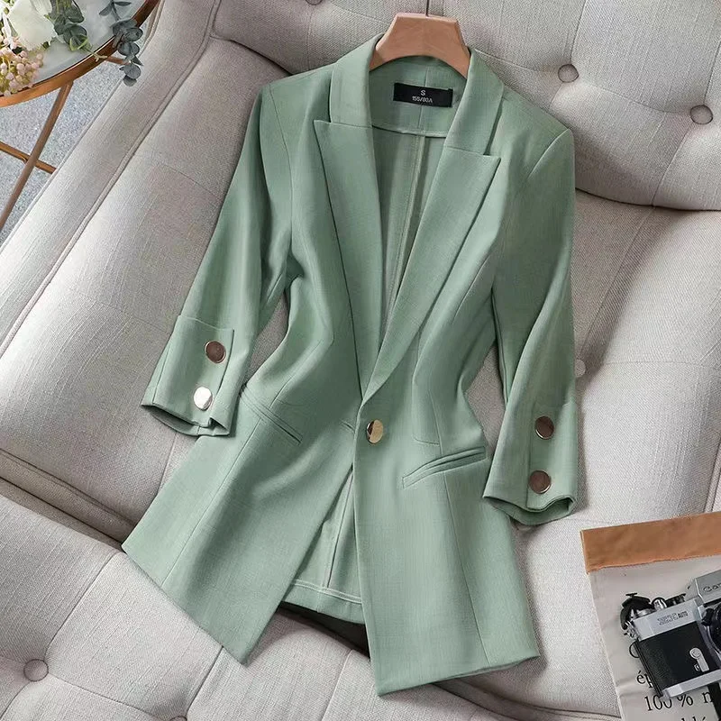 

Summer Blazer Woman 3/4 Sleeve Korean Fashion Female Clothing Suit Collar Casual Loose Solid Color Stitching Houthion