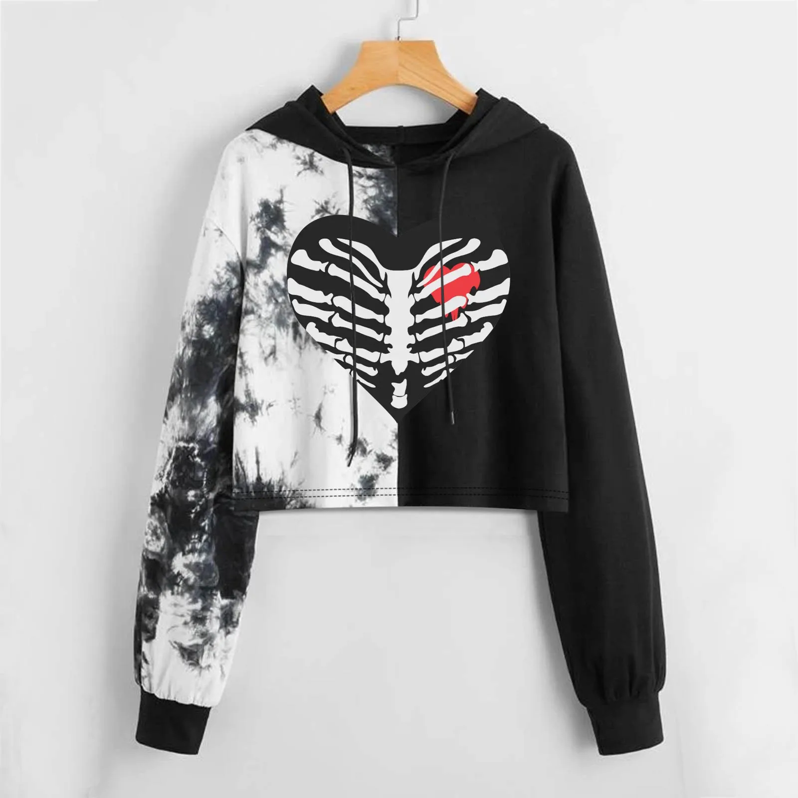 

Gothic Skeleton Print Women Hoodie Vantage Long Sleeve Cropped Tops Oversize Zipper Jacket Sweatshirt Letter Tie Dye Sueter