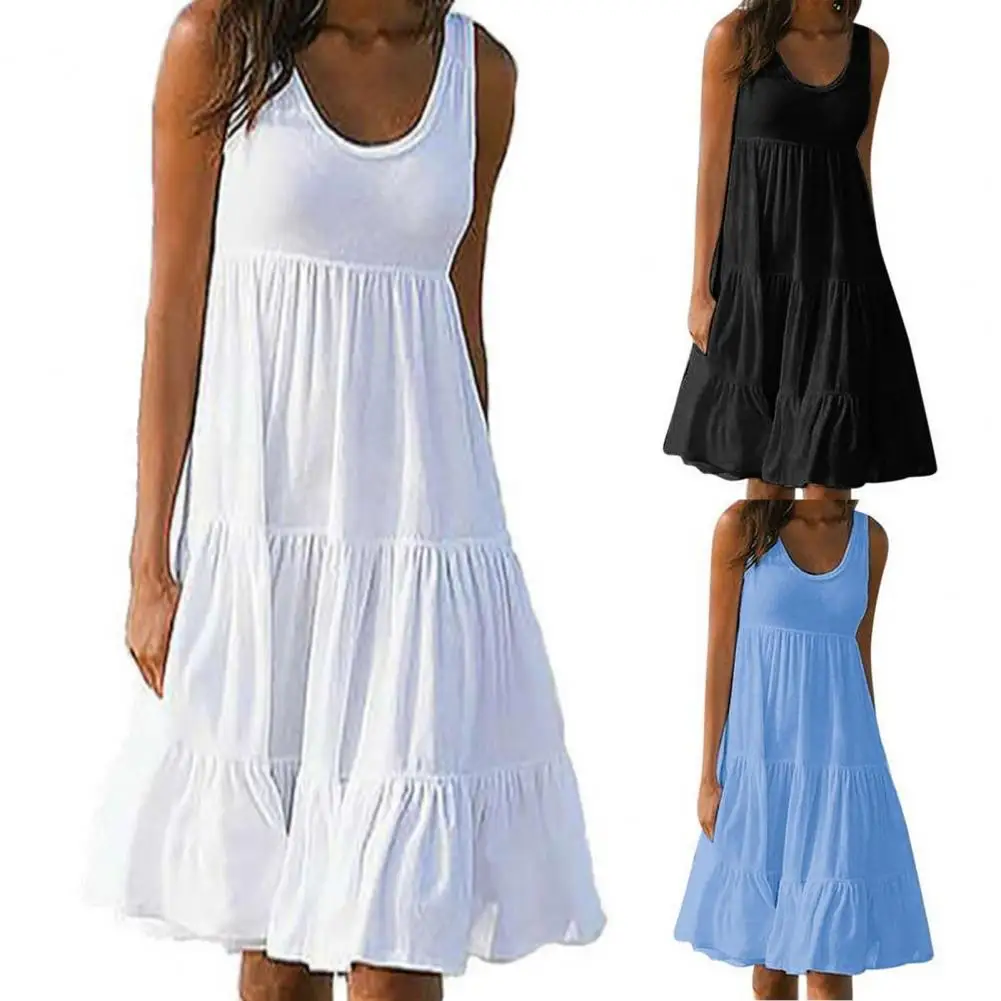 

Women Dress Sleeveless Soft Loose Splicing Large Hem Women Dress Midi Dress for Office