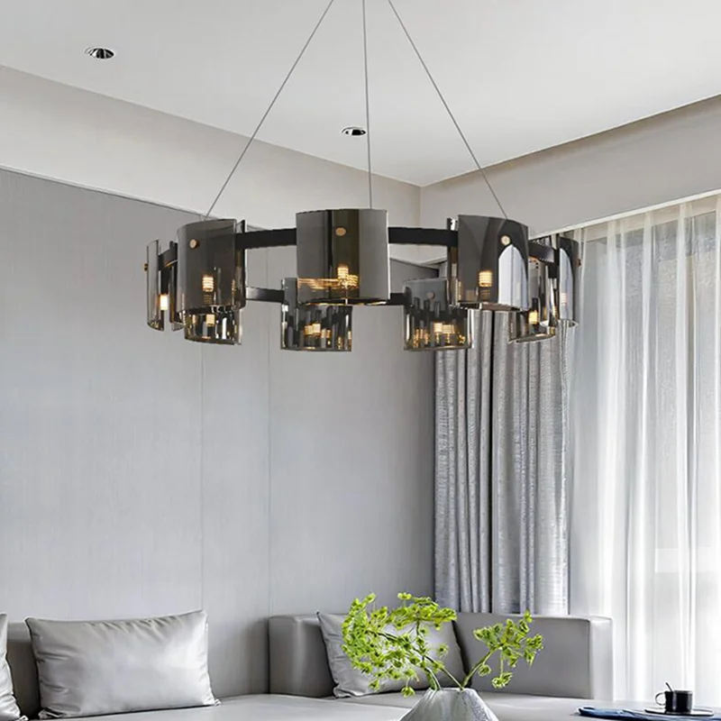 

Художественная люстра, светодиодная Подвесная лампа, роскошный Янтарный дымчатый стеклянный современный подвесной светильник для гостиной, столовой, спальни, домашний декор