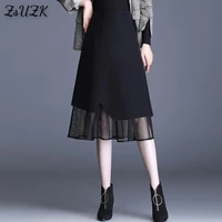 black irregularity mesh splice a line skirt for women new spring autumn high waisted slim fashion office lady wear black skirt
