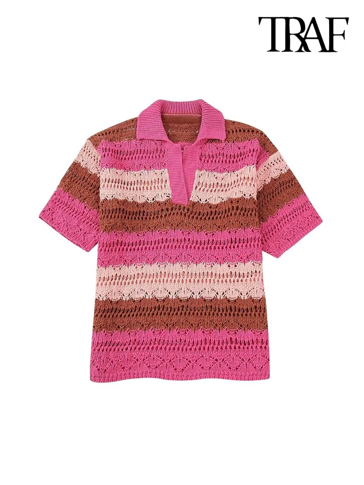 

TRAF Women Fashion Oversized Knit Striped Sweater Vintage Polo Collar Short Sleeve Female Pullovers Chic Tops