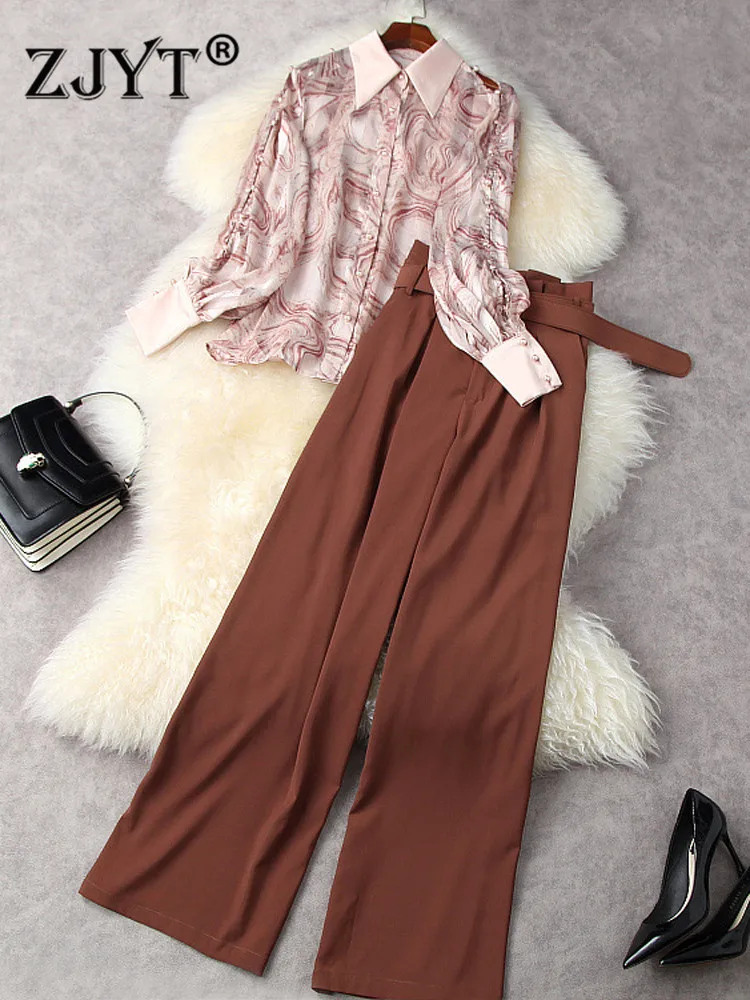 

Spring Autumn Vintage Women's Trousers Suits Fashion Print Chiffon Blouse and Pants Two Piece Set Female Elegant Office Outfits