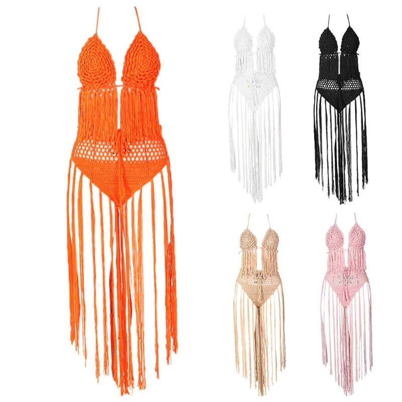 

Женский сексуальный купальник ручной работы, вязаный купальник, летнее пляжное платье с кисточками, купальный костюм, пляжная