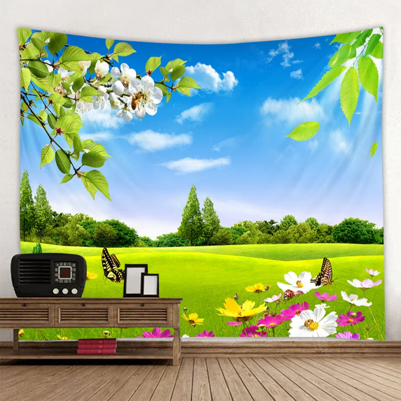 

3D Forest Landscape Tapestry Green Jungle Flowers and Birds Sunshine Waterfall Tapestries Bedroom Living Room Decor Wall Hanging