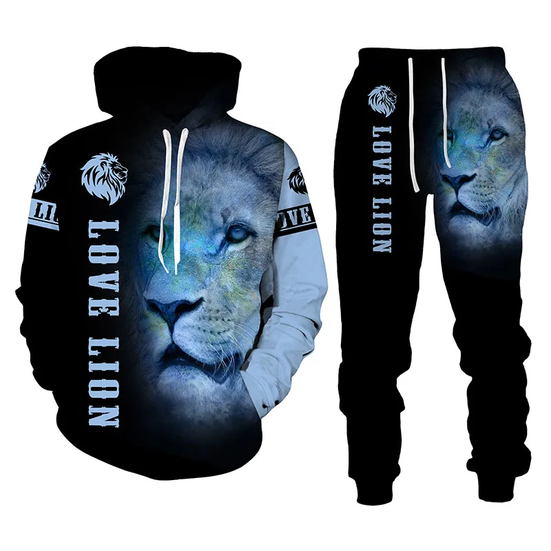 Autumn Winter 3D The Lion King Printed Long Sleeve Men's Clothing Suit Men's Hooded Sweater Set Men's Sportswear Tracksuit