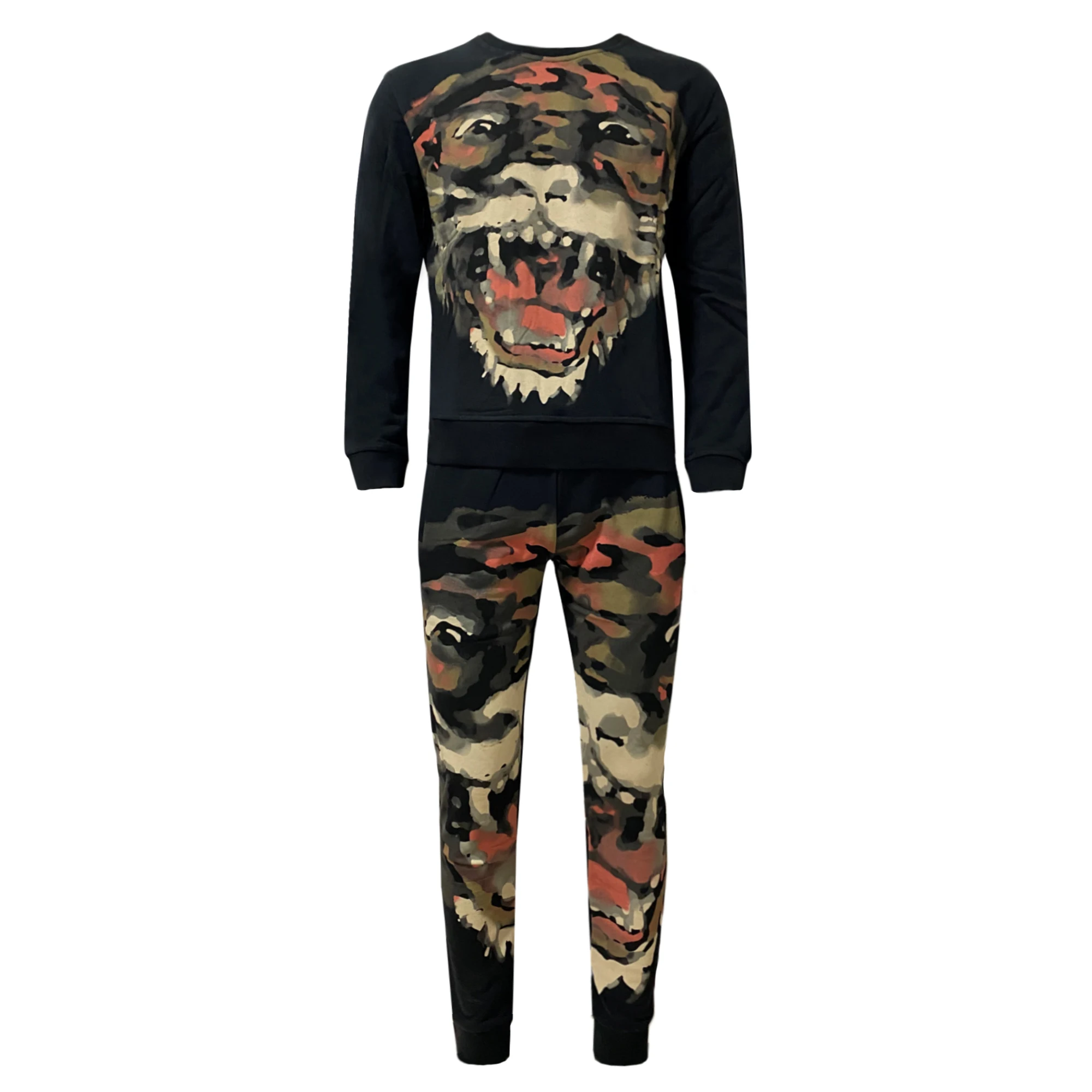 

MASKED STAFFS Tiger Head Printed Round Neck Sweater Men's Sweater Pants Casual Set Abstract Printed Pants Casual Wear