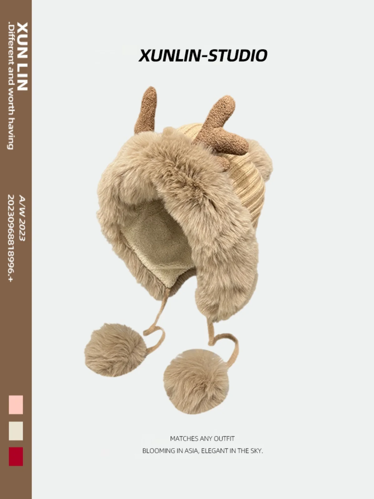 Christmas Chic Antler Hat Female Winter Cycling Cute Fur Ball Lei Feng Fleece-lined Warm Earmuff Knitted Woolen Cap