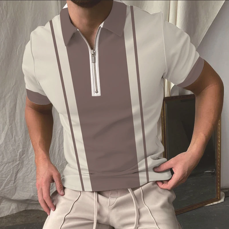 

Simple vertical line Polo Shirt for Men Hawaiian 3D Print Zipper Polo Short Sleeve Summer Shirt