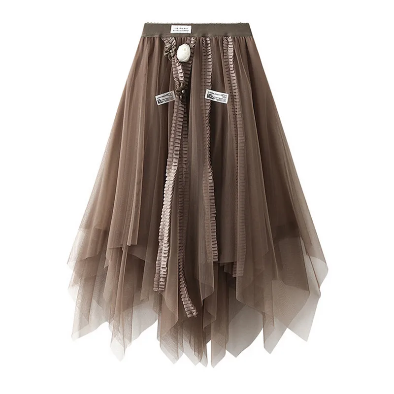 

Women Midi Mesh Skirts Fall Winter Clothes Lolita Kawaii High Waist 3D Flower Irregular Hem A-line Pleated Skirt Female Clothing