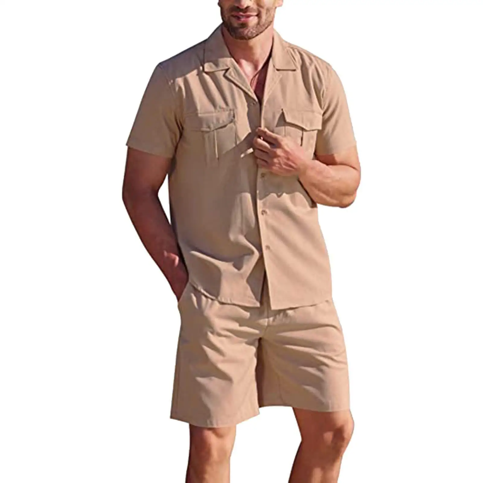 New Summer Men's Linen Short Sleeved Shirt Set Loose Casual Cotton Linen Cardigan Shirt+Shorts Two-Piece Set