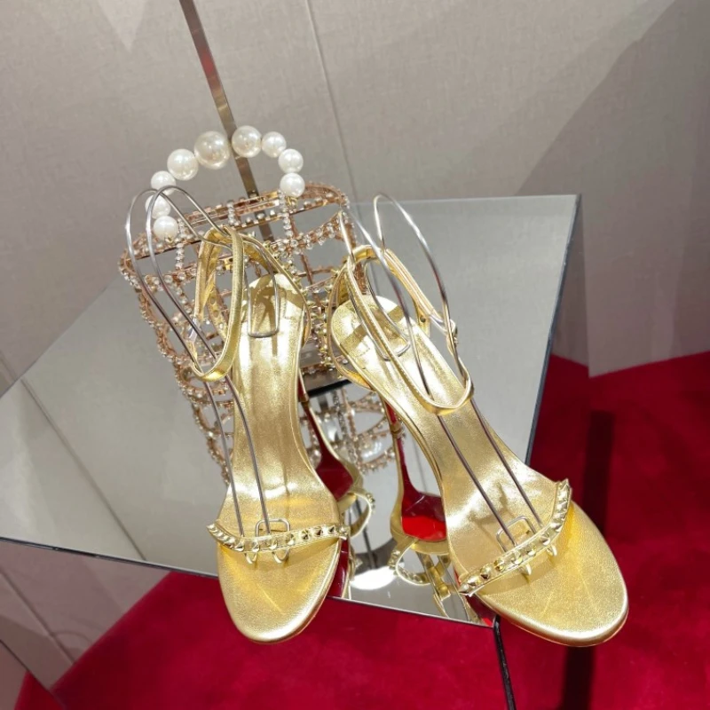 Summer New Color-blocking Rivets Word Buckle Hollow Stiletto Sandals Europe and The United States Roman High-heeled Sandals