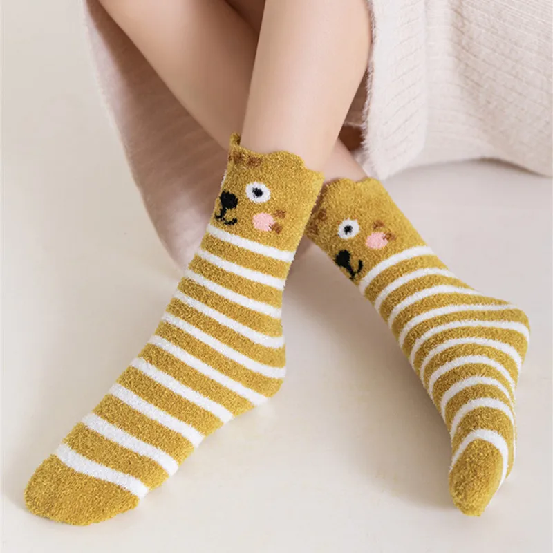 5 Pairs Winter Socks Women Fleece Thicken Keep Warm Sleep Floor Sock Striped Kawaii Cartoon Cat Rabbit Dog Animal Hot Sale
