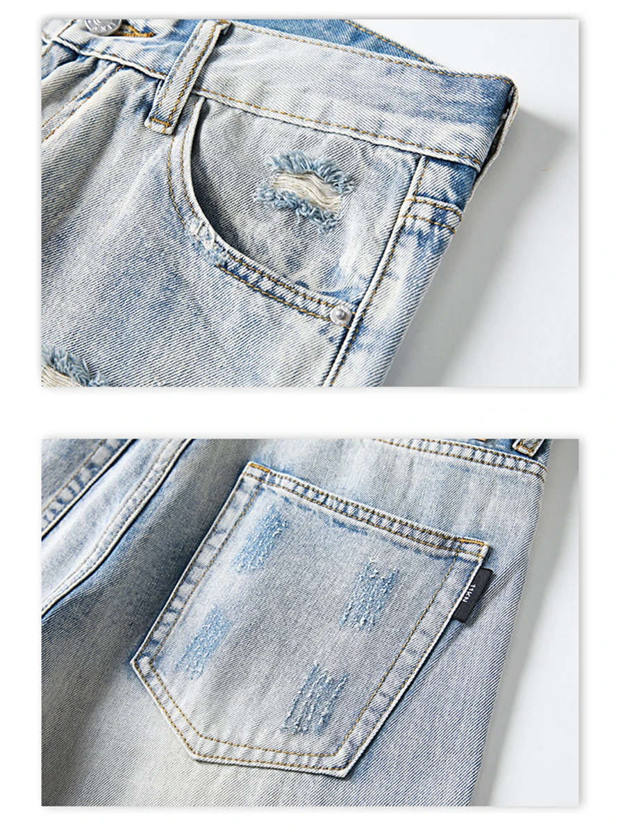 Four Seasons Men's Jeans American High Street Washed Ripped Slim Fit Hem Zip Trousers Y2k Men Jeans Streetwear Men Ins Hot Sale