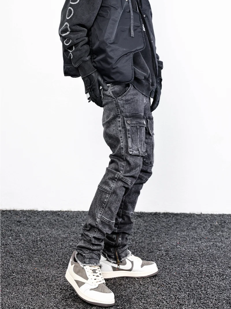Retro Washed Denim Jeans Mens Bottom Zipper Jean Trousers with Pockets Hip Hop Fashion High-street Slim Fit Pants Joggers Jeans