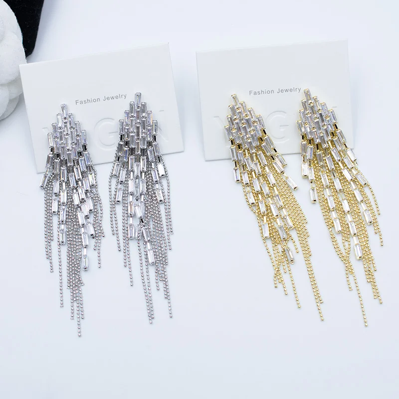 

925 Silver Zircon Gold Earrings For Women Vintage Tassels Crystal Long Statement Eardrop Party Fashion Dangle Pendientes 2023