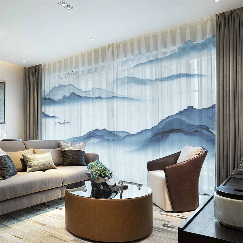 

Custom Chiffon Voile Sheer Curtain Window Tulle Drape for Bedroom Living Room Mountain Hills Top Landscape White