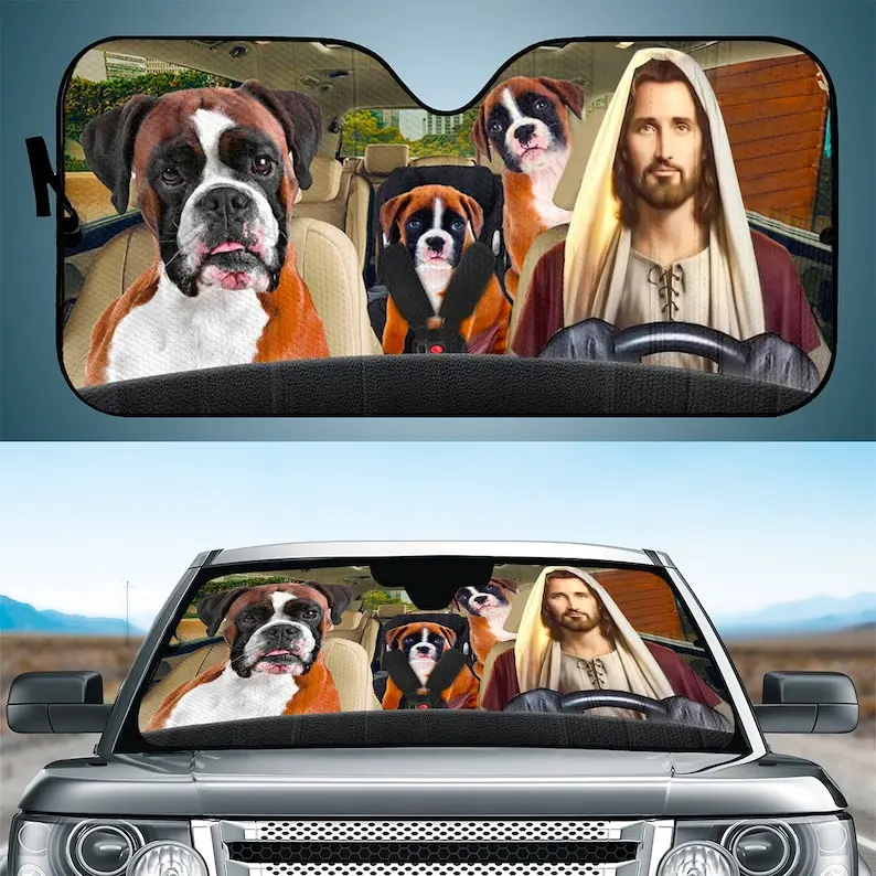 

Солнцезащитный козырек с Иисусом для вождения автомобиля, солнцезащитный козырек с Иисусом и боксером, Христианский подарок, премиальный автомобильный козырек для любителей собак