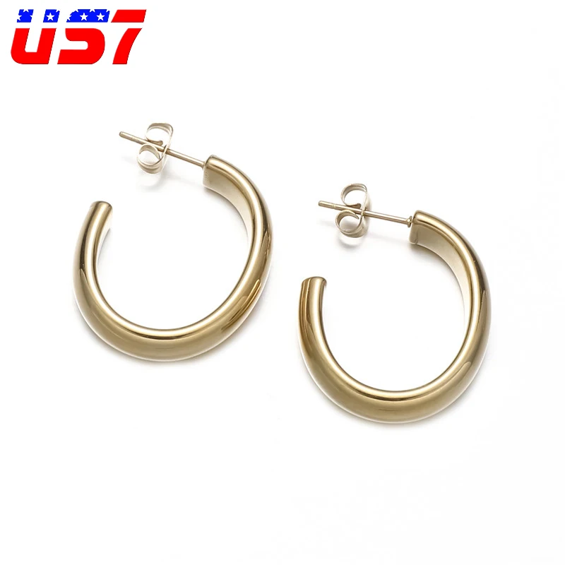 

US7 Gold Plated Hoop Earring Simple Thick Round Circle Stainless Steel Earrings for Women Punk Hiphop Jewelry Brincos 2022 New