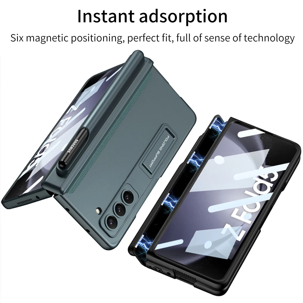 For Samsung Galaxy Z Fold 5 Case Ultra Thin Matte Bracket With Tempered Film Folding Magnetic Hinge Pen Holder Shockproof Cover