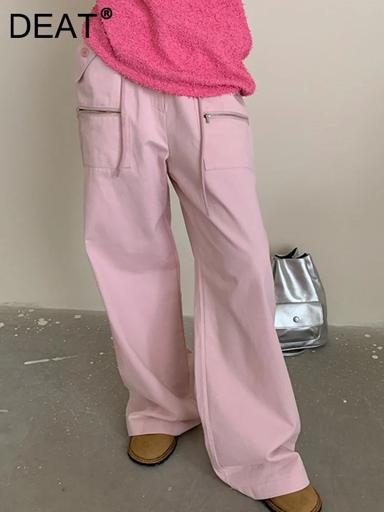 

DEAT Fashion Women's Denim Pants Loose Drawstring Pink Pockets Cotton Full Length Wide-leg Trouser Lady Autumn 2023 New 7AB335