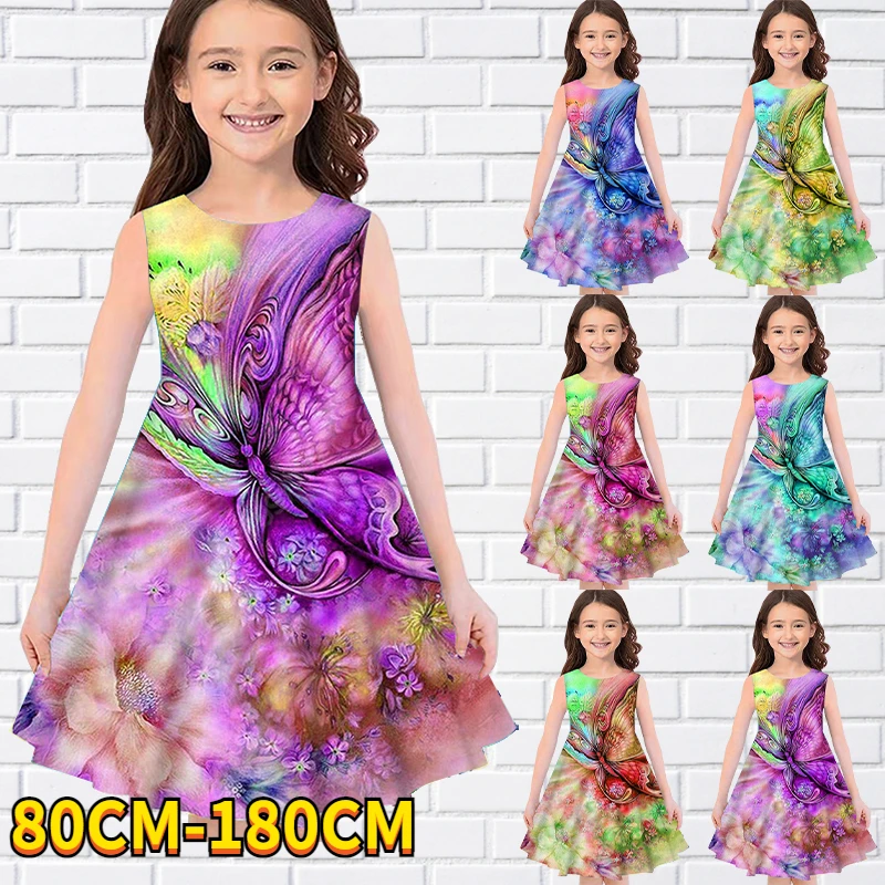 

Kids Little Girls Sleeveless Dress Girls Dress 3D Butterfly Print Daily Casual Cute Sweet Over Knee Sleeveless Dress 80-180CM