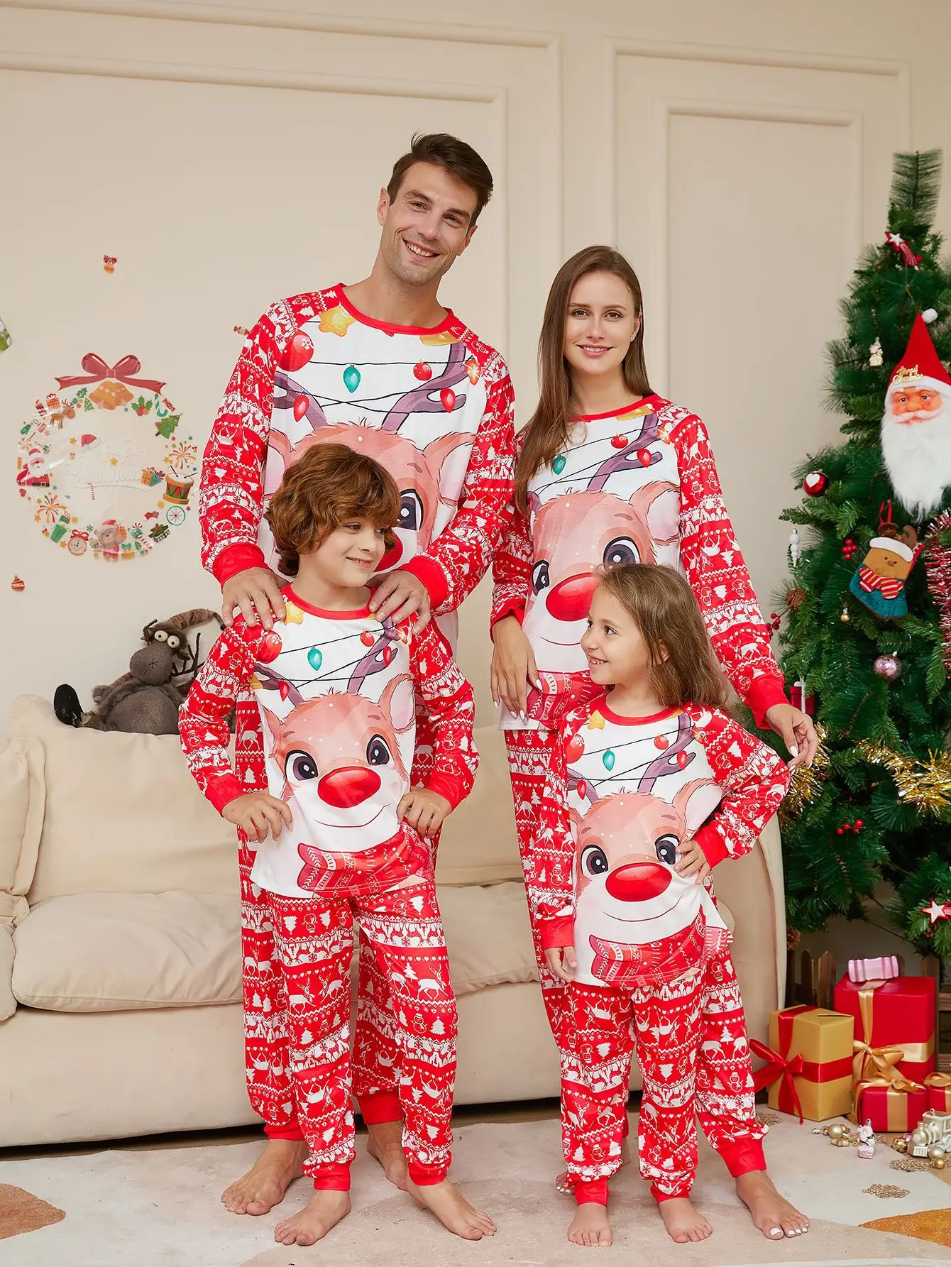 

Deer Printed Christmas Pajamas Family Xmas Pjs Matching Set Couples Mommy Daughter Daddy Son Mother Kids Long Sleeve 2023 New