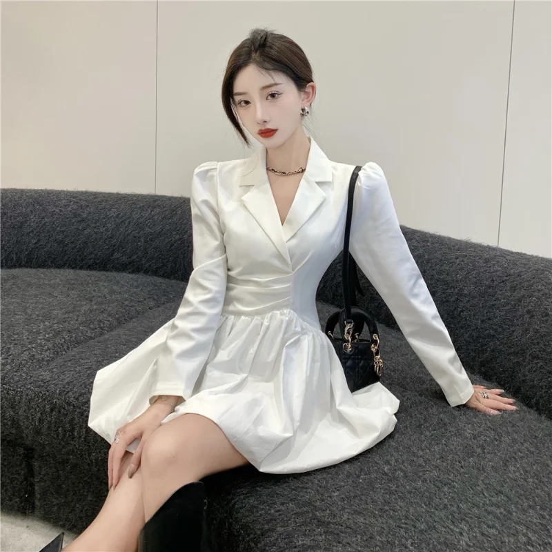 

Women Long Sleeve Korean Fashion Party Mini Dresses Female Solid Vintage V-neck One Piece Dress 2022 Spring French Elegant Dress